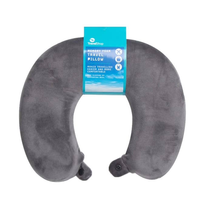 Memory foam neck pillow perfect for airplanes, buses, trains, and cars