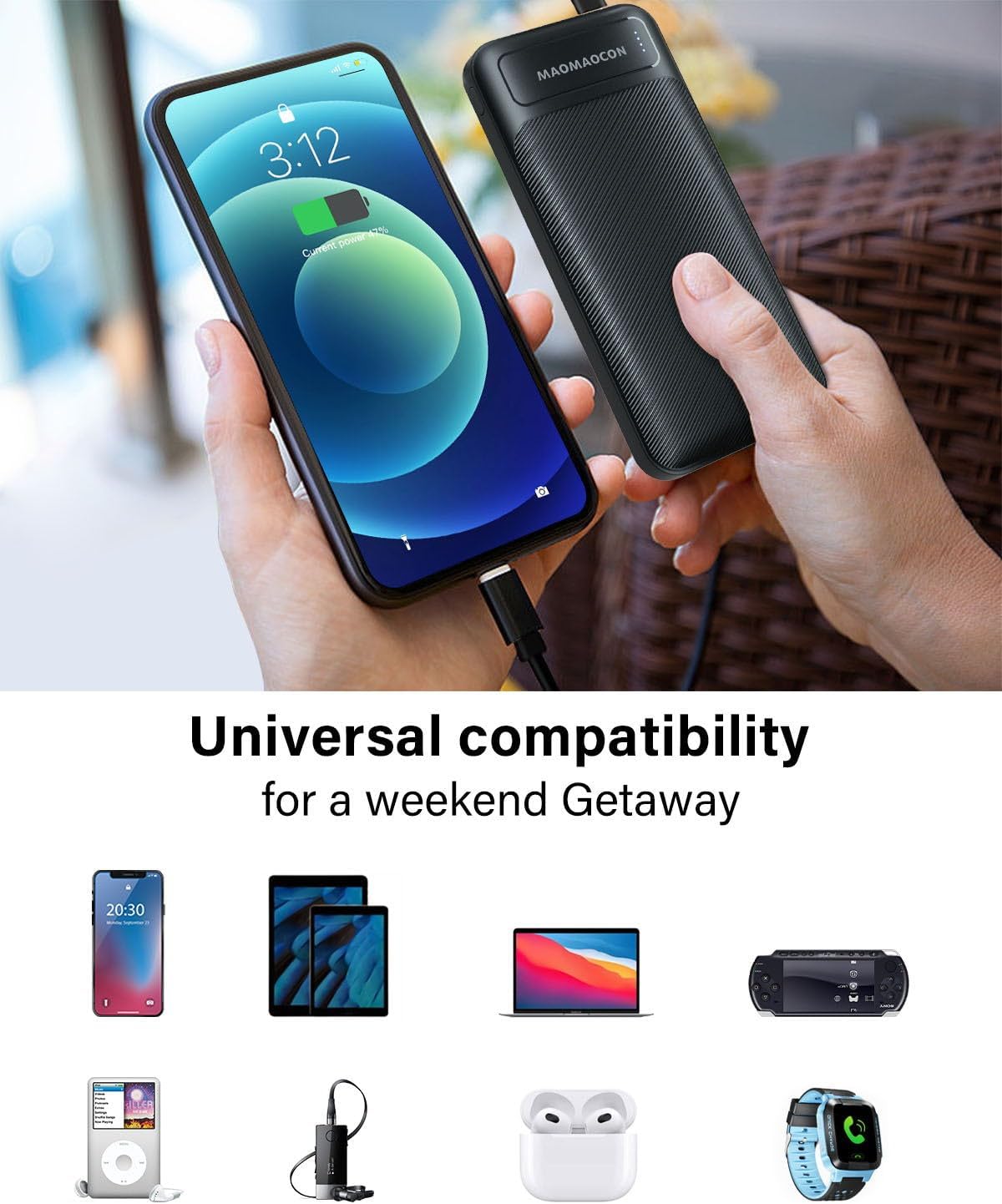 Portable power bank pack of 2 with 10000mAh capacity each, featuring USB-C and USB-A ports for universal device compatibility